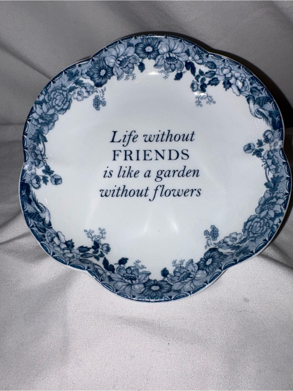 Blue Floral Trinket Dish with Sentiment - White and Blue
